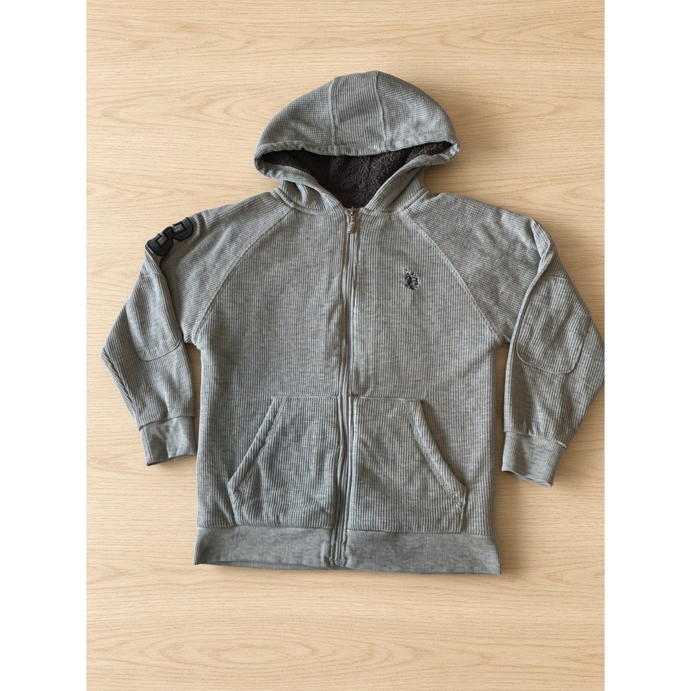 US Polo Assn Kids Gray Thermal Waffle Knit Sherpa Lined Full Zip Hoodie Size 7